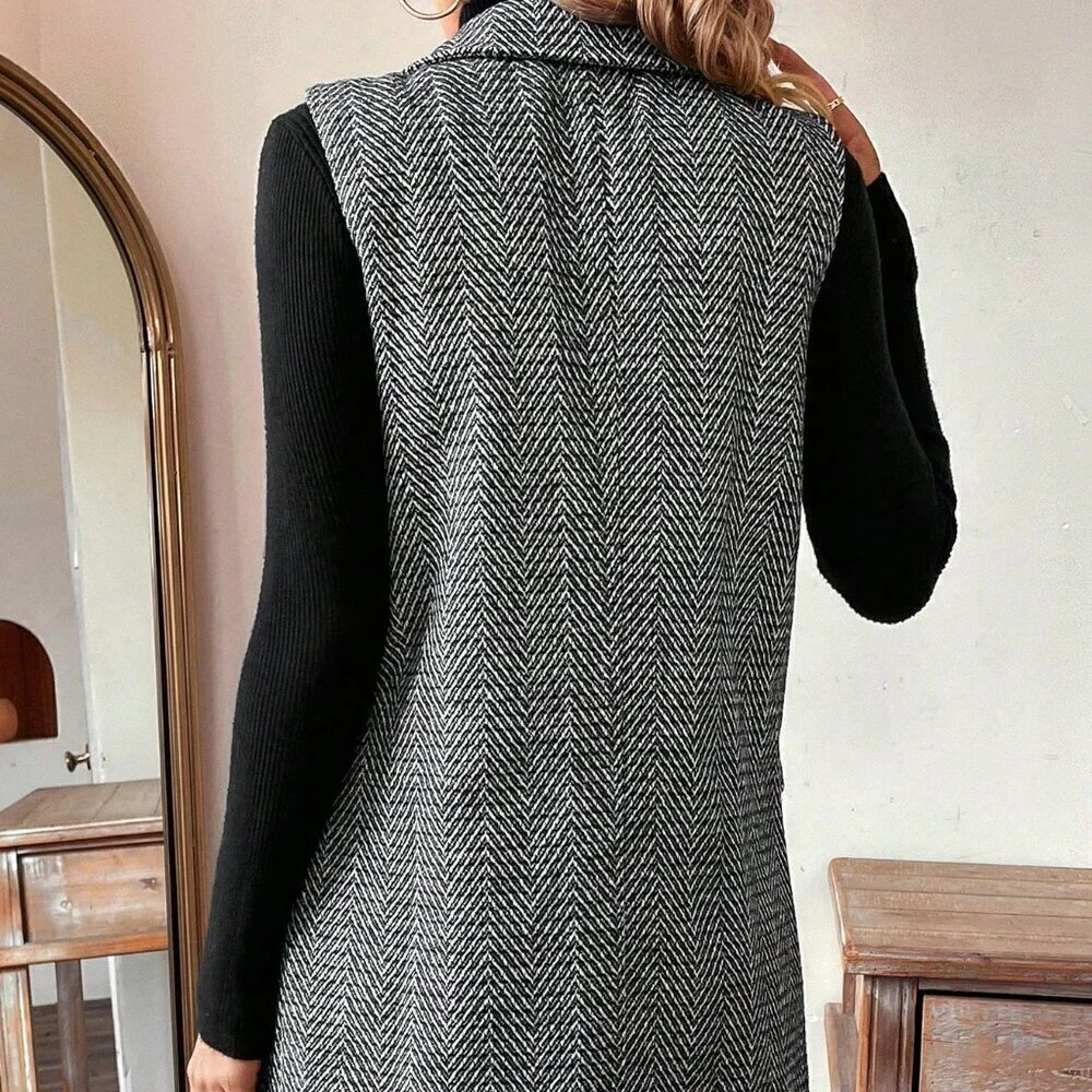 Black multicolor Elegant Women's Sleeveless Herringbone Blazer vest